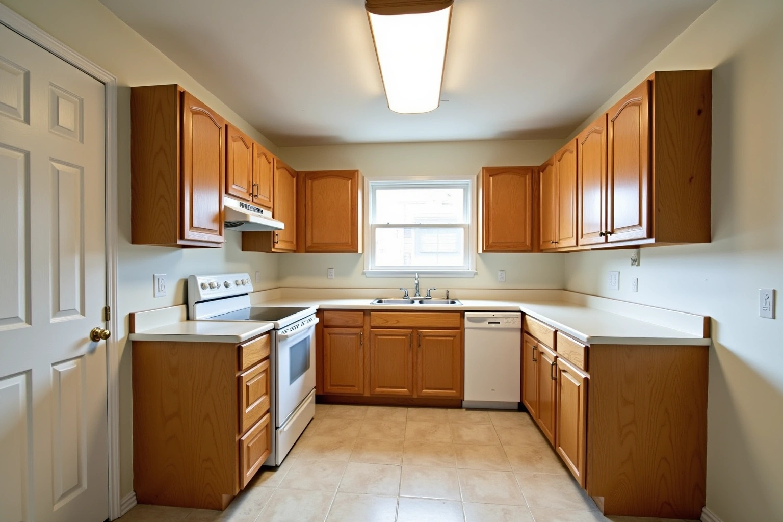 Dated U-shaped kitchen with honey oak arched raised-panel cabinets, white laminate counters, a white electric range and fluorescent box light.