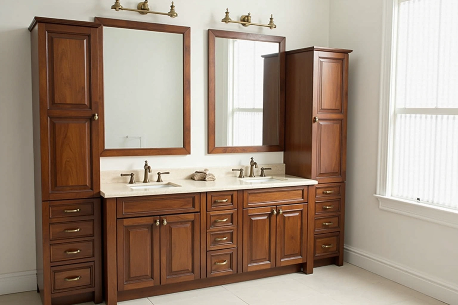 Warm wood double vanity with two linen towers, cream quartz top, two undermount sinks, brass faucets and framed mirrors.