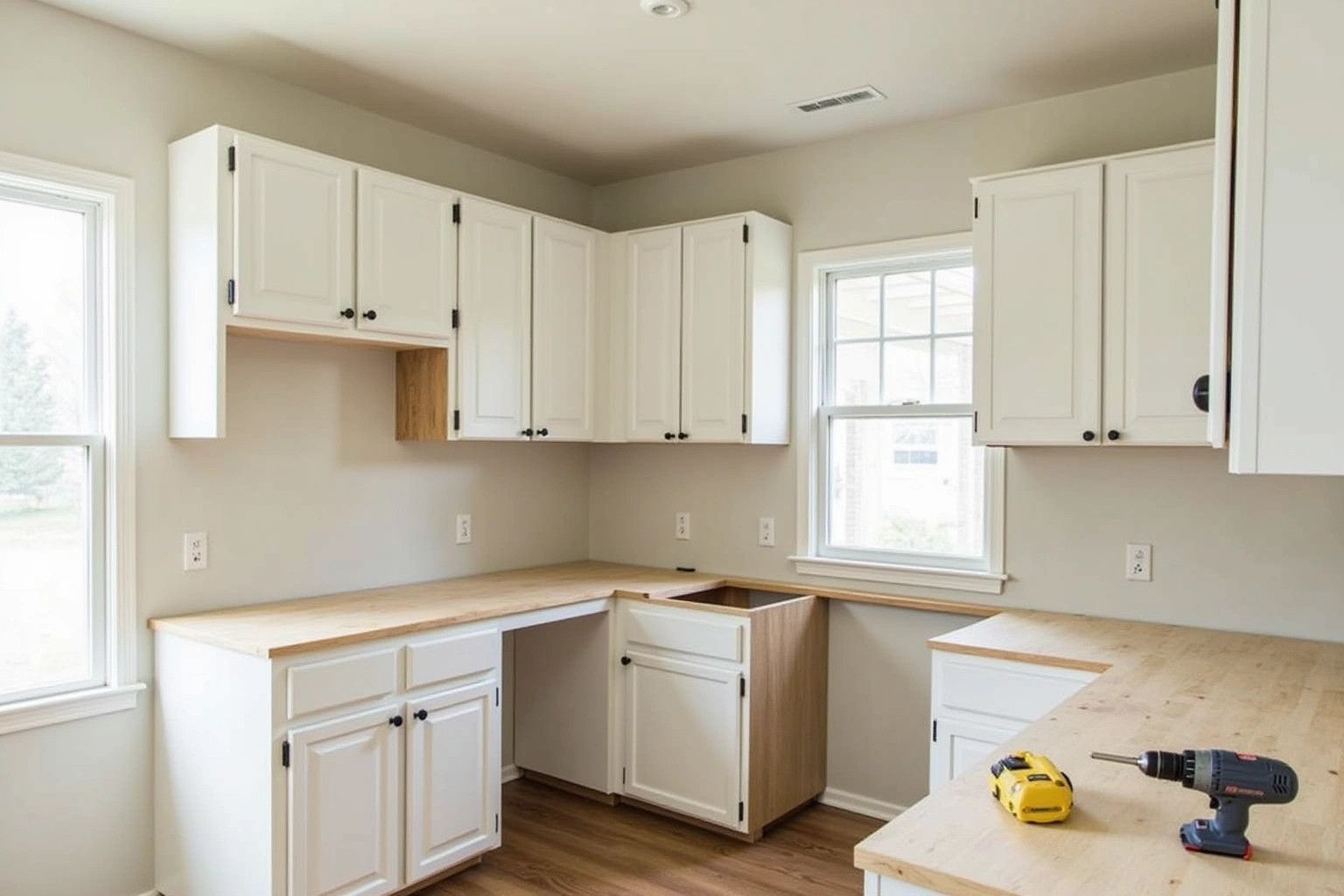 White raised-panel cabinets set on plywood subtops in a new house kitchen, with a drill and no countertops yet.