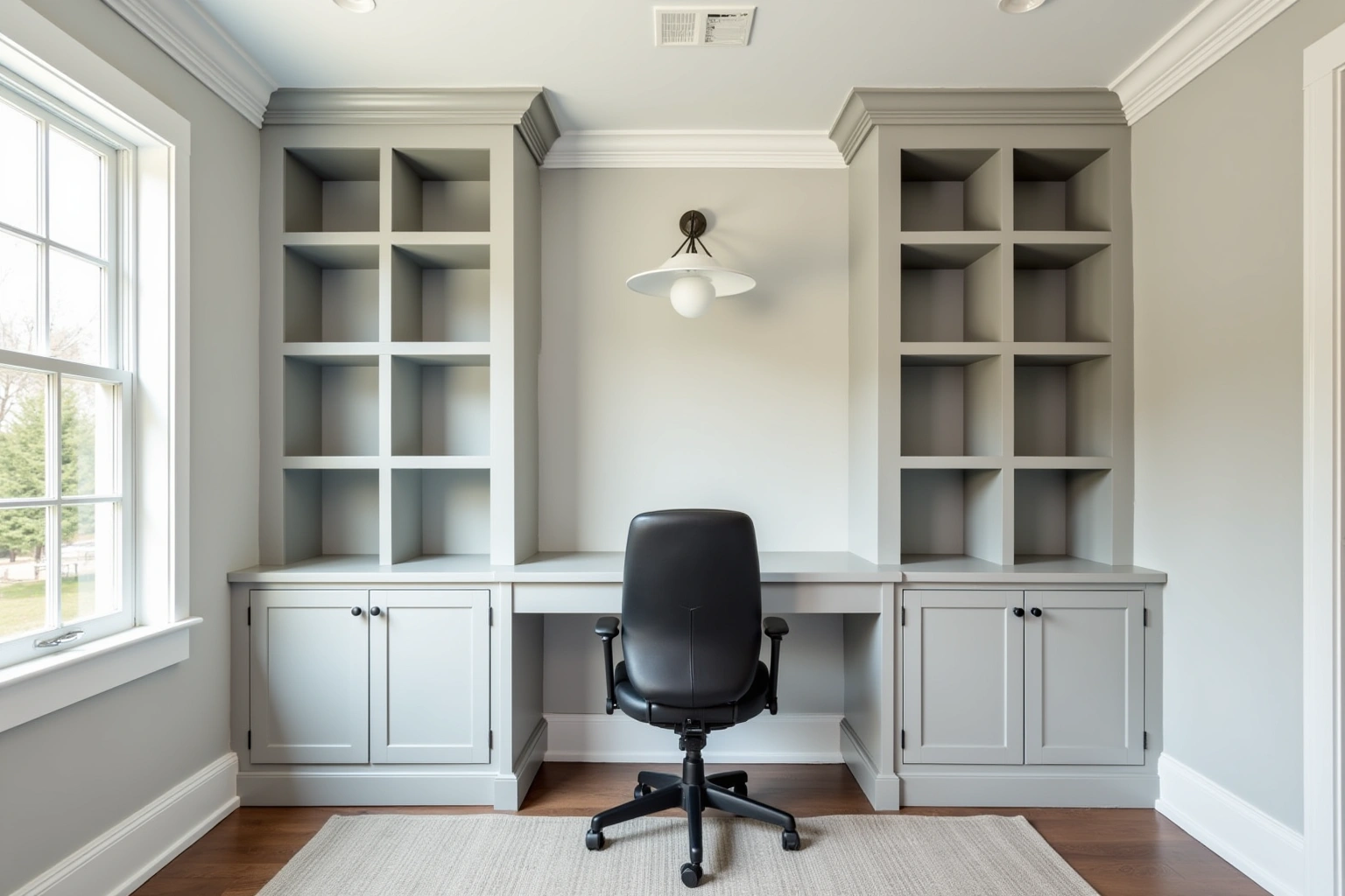 Home office wall of soft grey built-in cubby shelves and base cabinets around a built-in desk with crown molding.