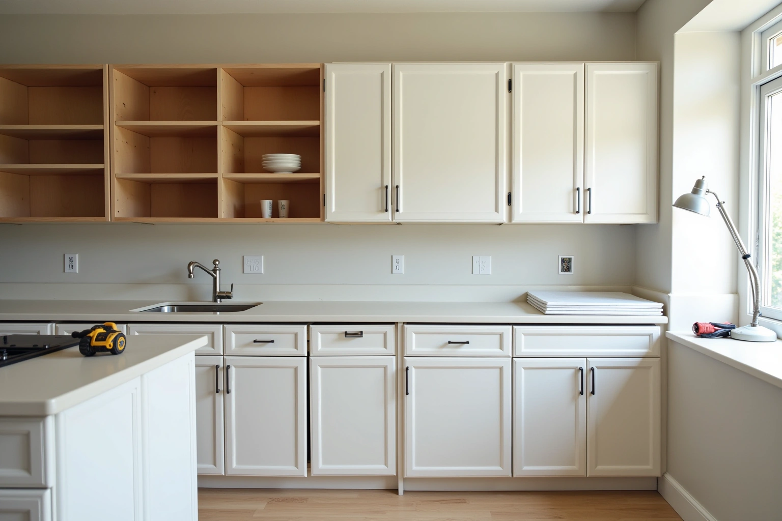 Kitchen mid-refacing with bare plywood upper boxes on the left and new white doors hung on the right.
