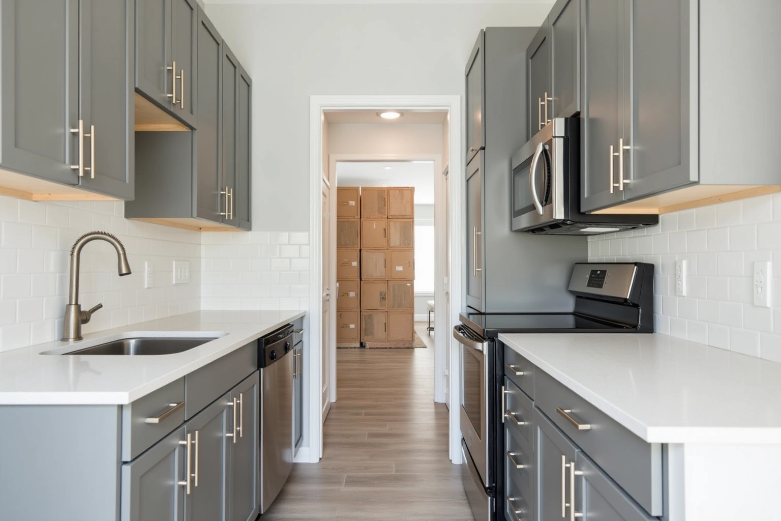 Galley apartment kitchen with grey shaker cabinets, white quartz counters and subway tile, boxed cabinets stacked beyond the doorway.