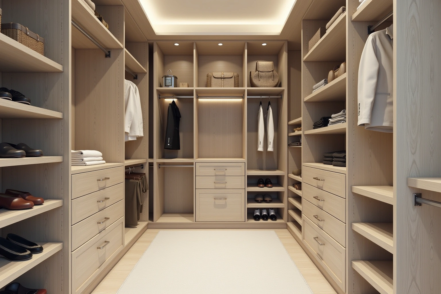 Walk-in closet in light oak veneer with hanging sections, drawer banks, shoe shelves and folded clothes on open shelving.