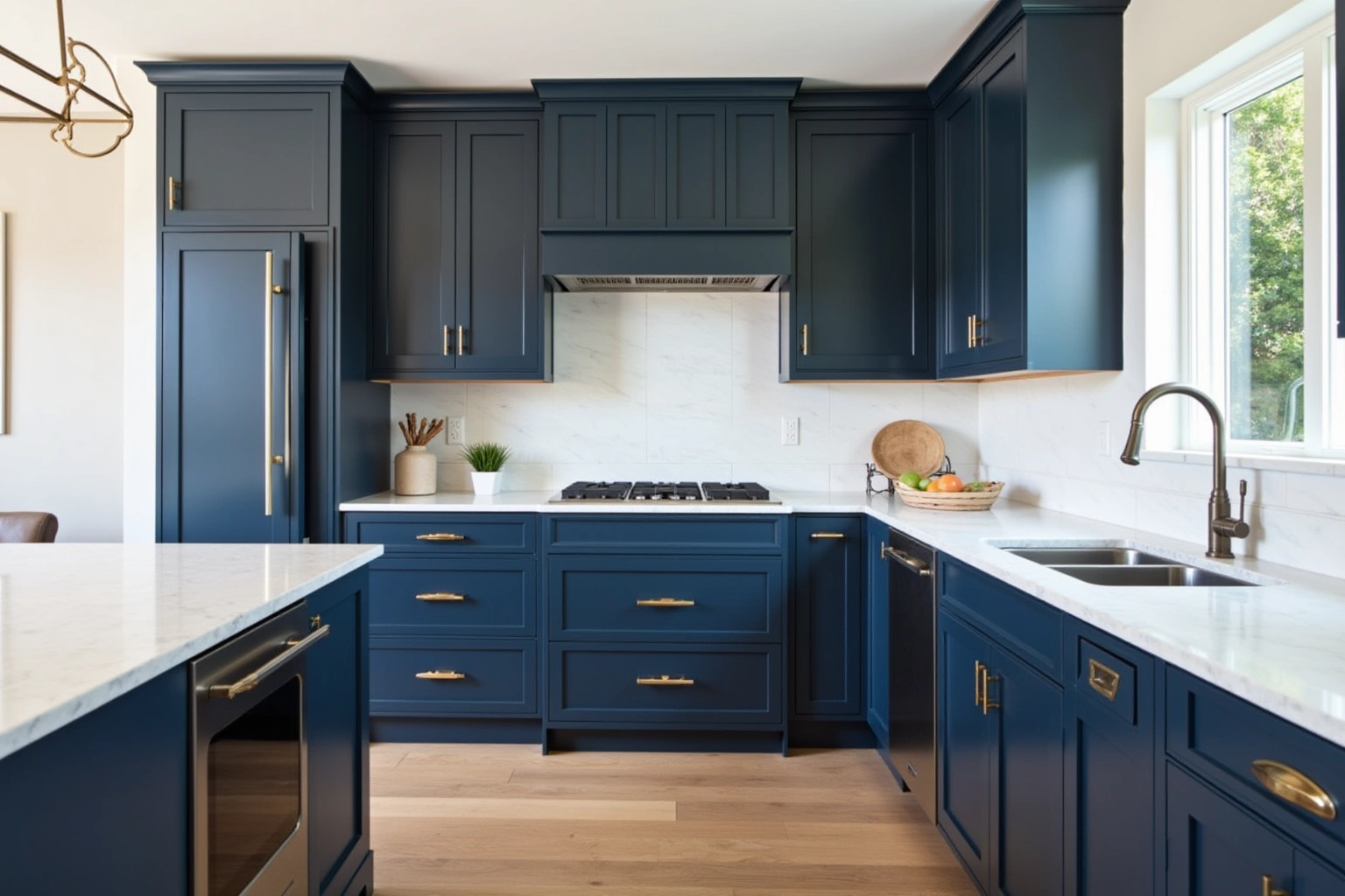 Floor-to-ceiling navy cabinets with brass pulls, a paneled refrigerator, marble backsplash and a white quartz island.