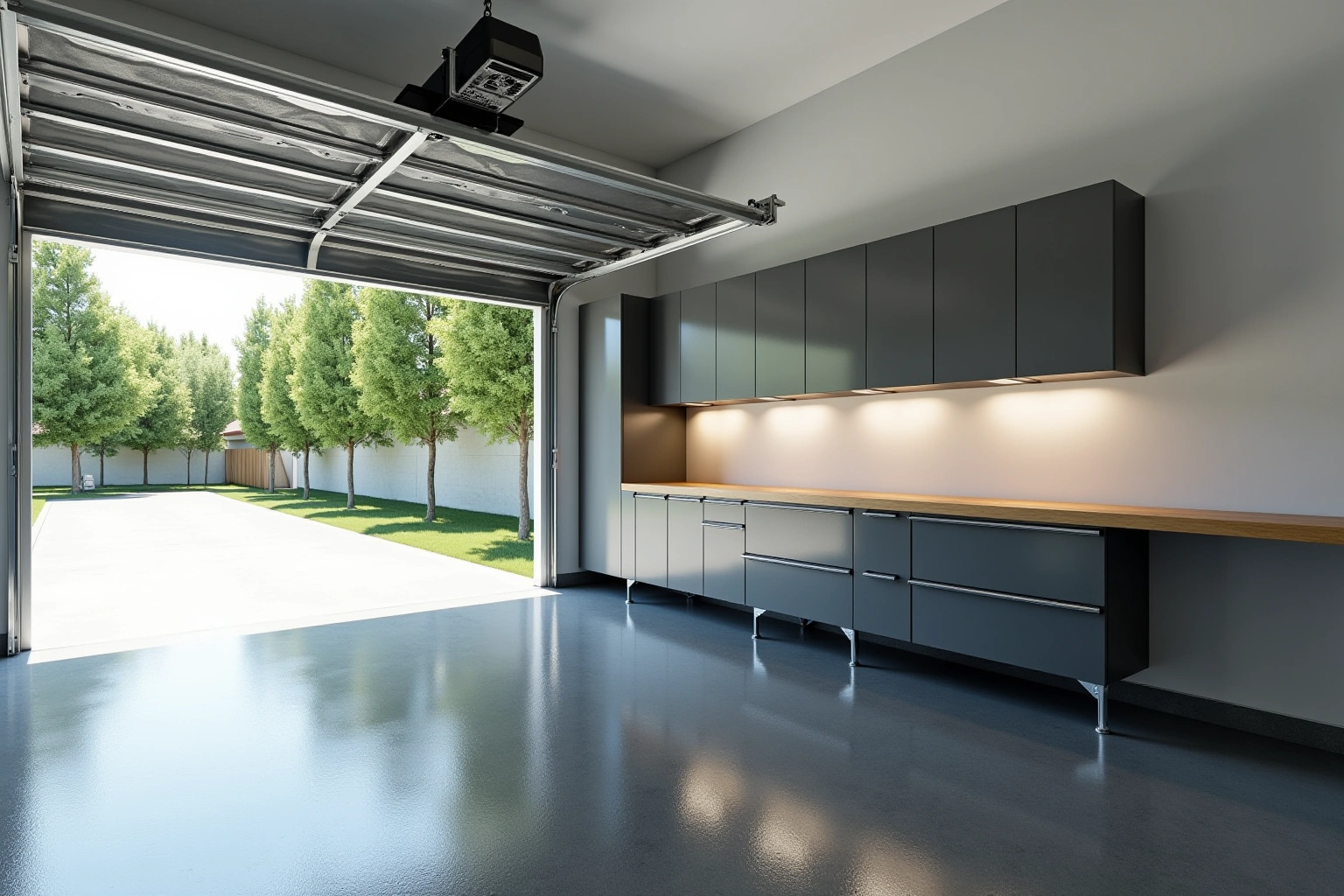 Dark grey steel garage cabinets on legs with a wood workbench top and a glossy epoxy floor, garage door open.
