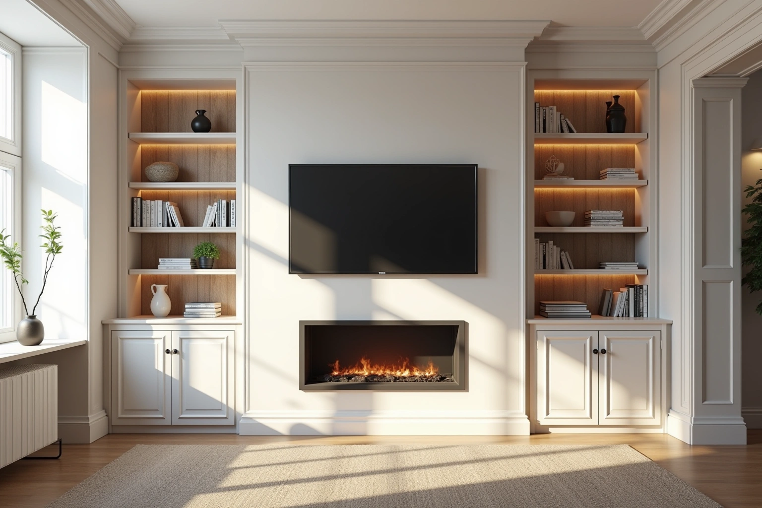 Warm white built-in bookcases with lit wood-backed shelves flanking a wall-mounted television and linear fireplace.