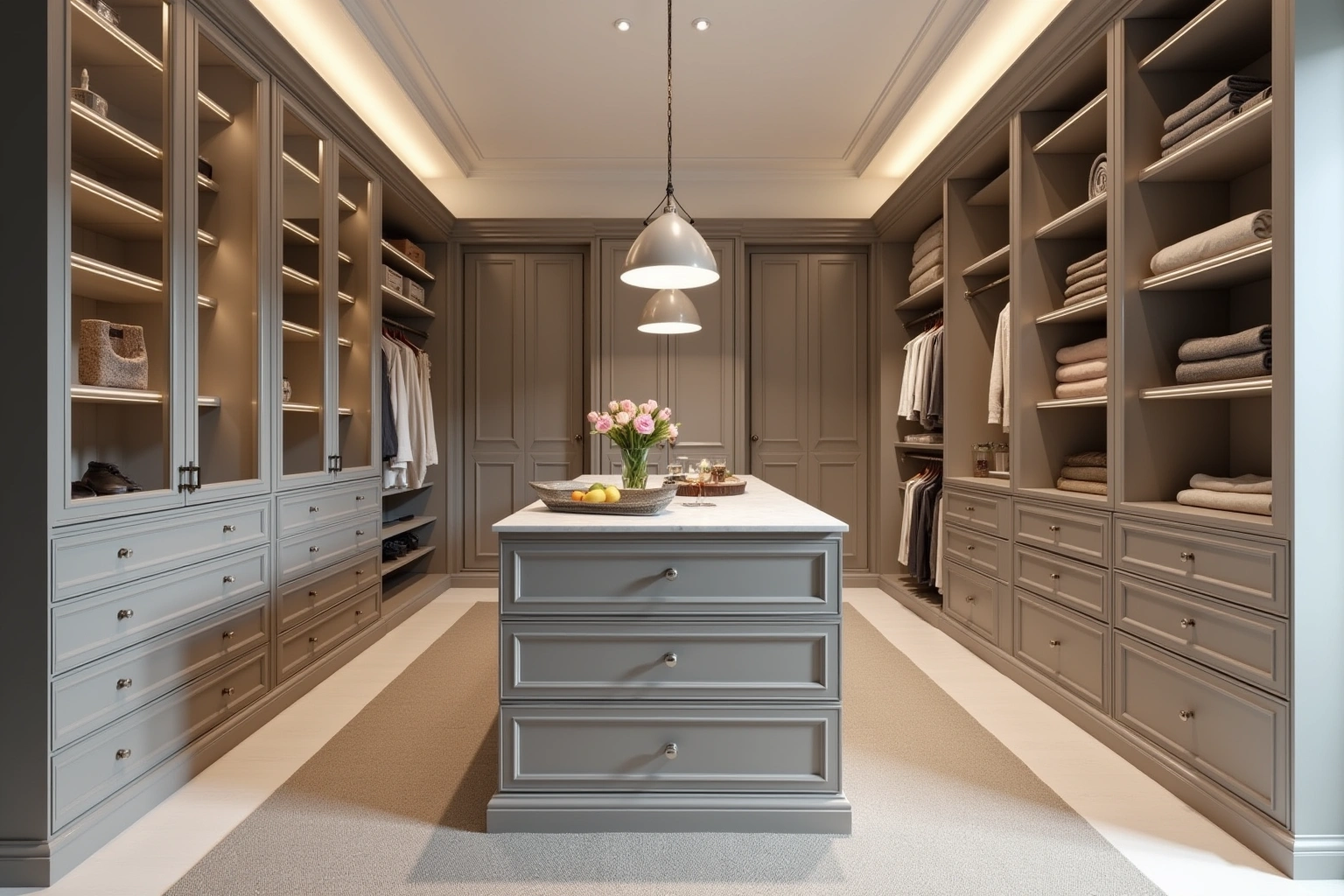 Walk-in closet in warm grey painted cabinetry with glass-front uppers, lit shelves, hanging rails and a drawer island.