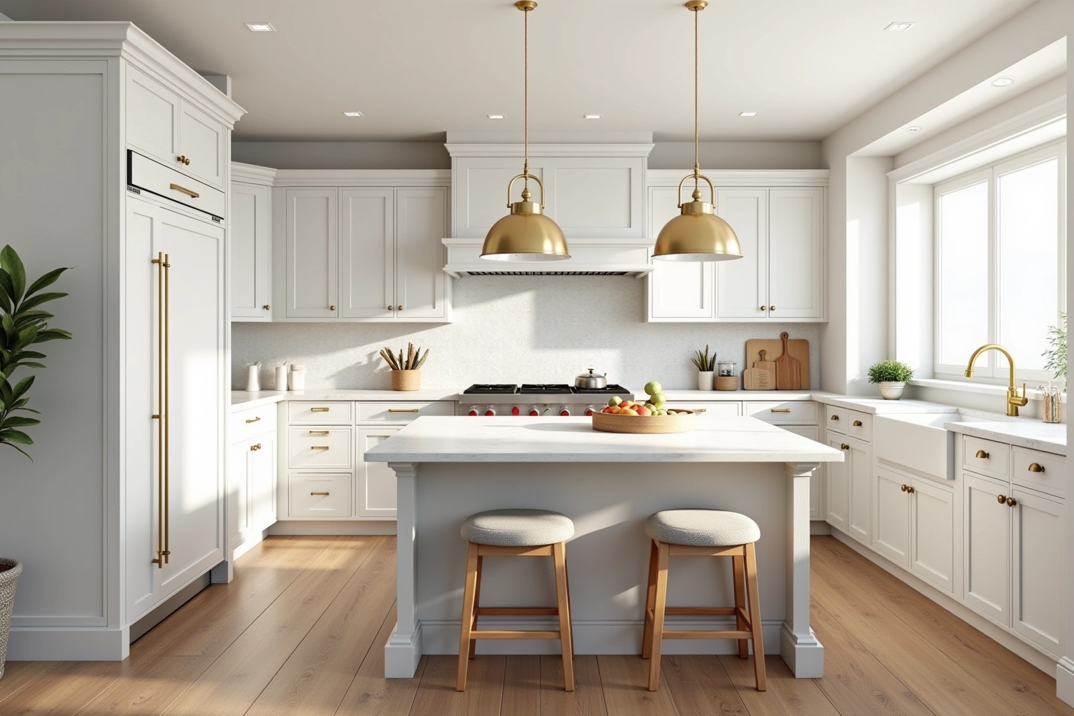 White shaker kitchen with brass pulls, a pale grey island with two upholstered stools and two brass dome pendants.