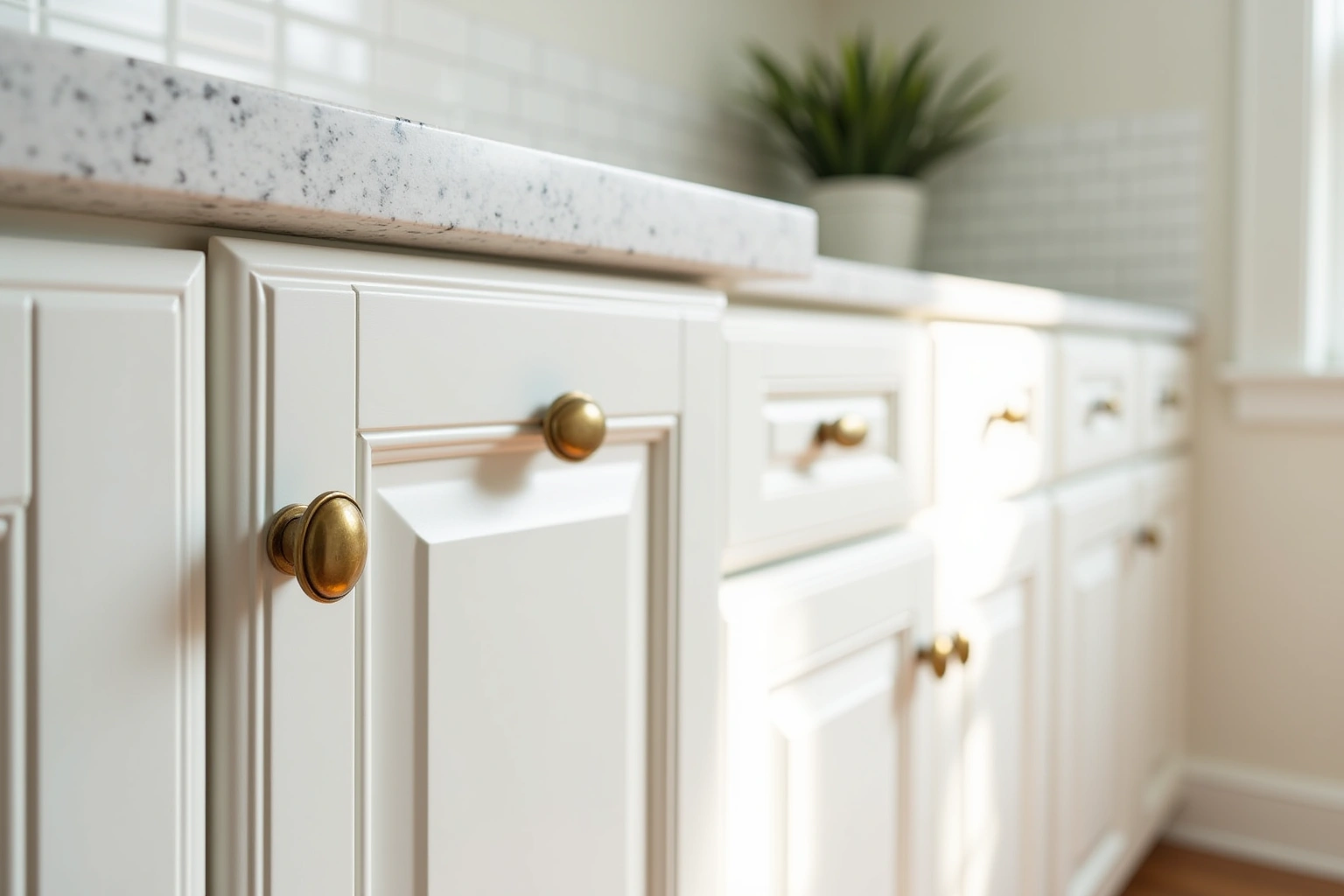 Close view of white raised-panel cabinet doors and drawer fronts with brass knobs under a speckled granite counter.