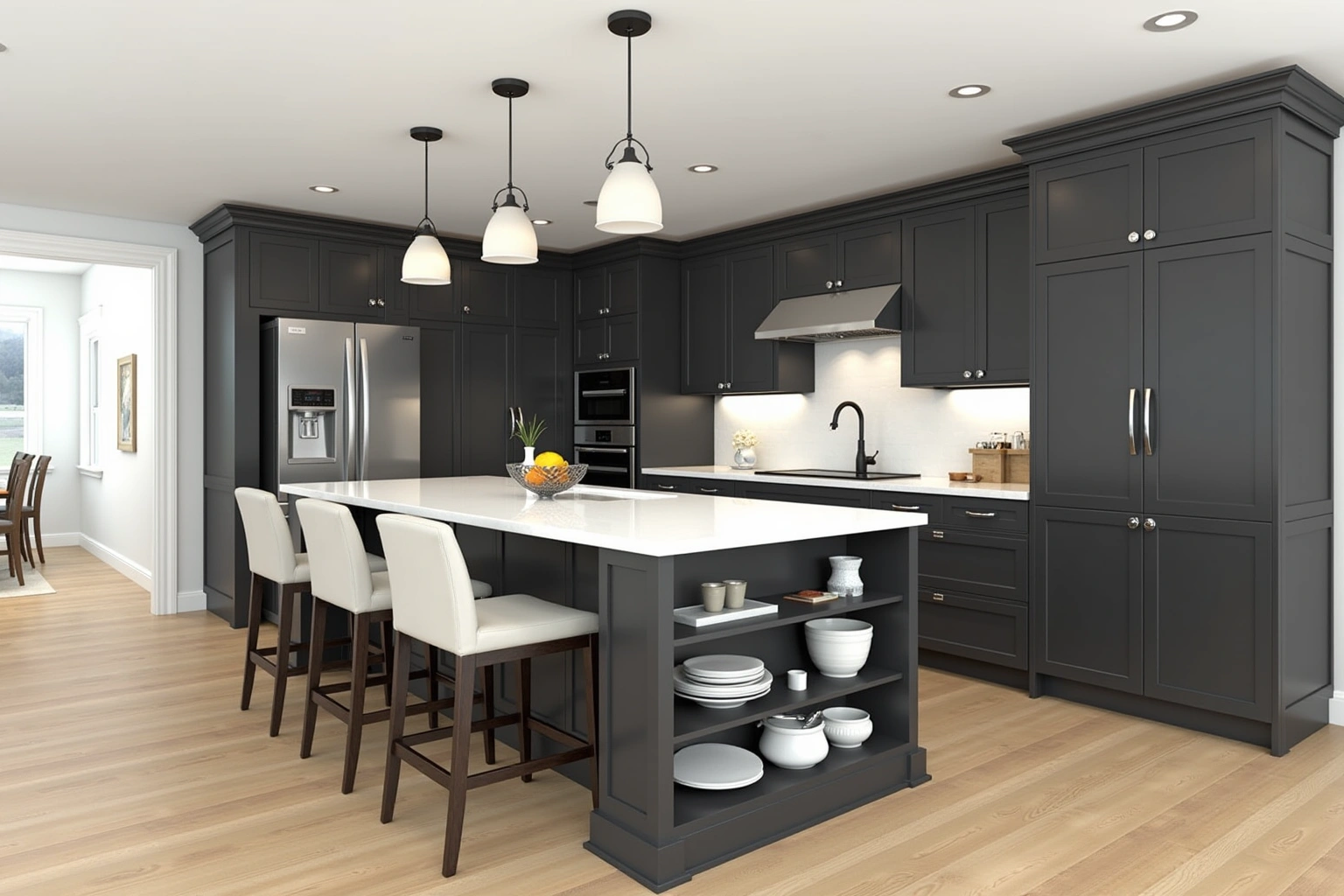 Charcoal kitchen island with a white quartz top, three white stools, open end shelves of dishes and three pendants.