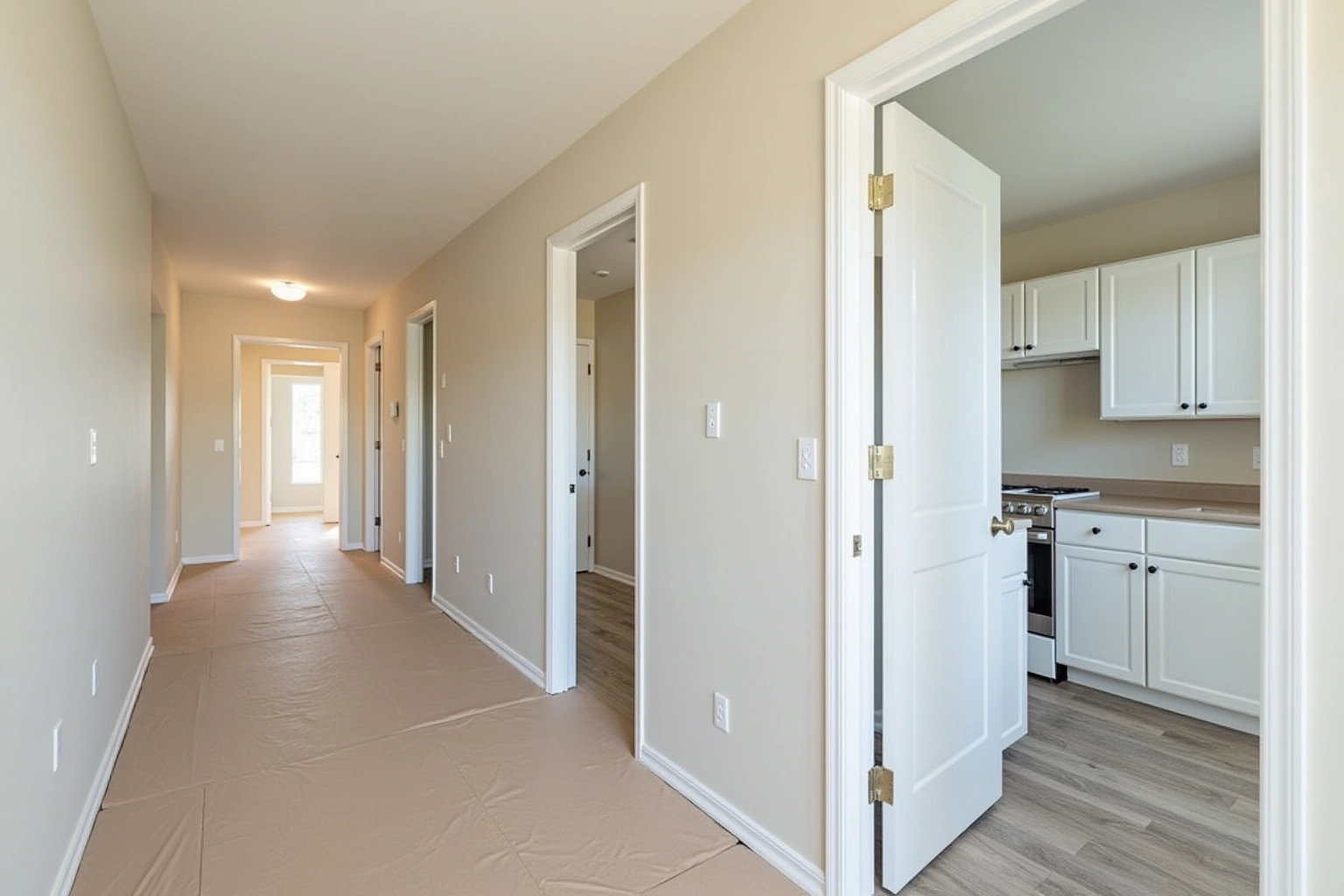 Corridor of a new apartment building with paper-covered floors and a white-cabinet kitchen visible through an open door.