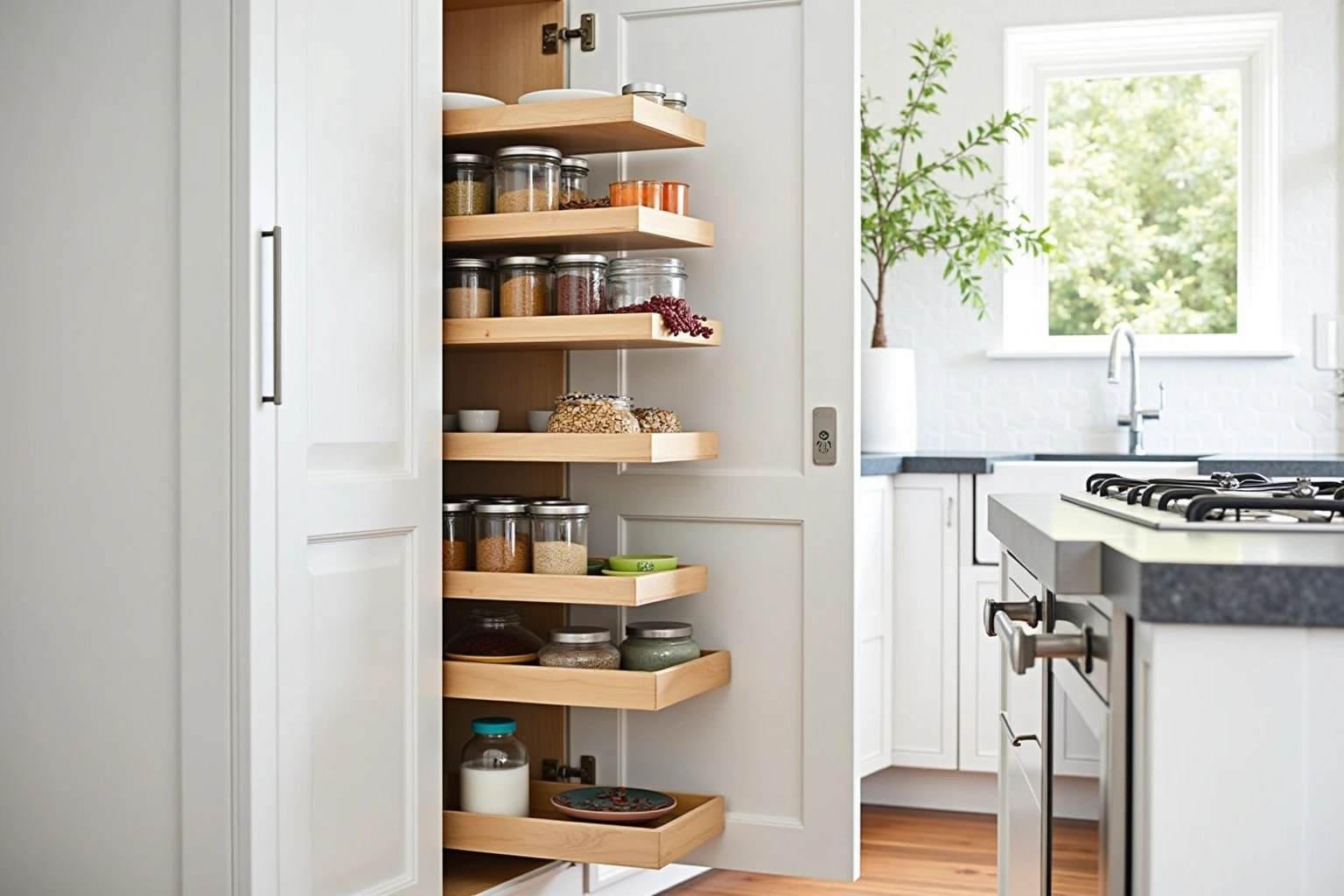 Tall white pantry cabinet with doors open showing wood roll-out trays stacked with glass jars of dry goods.