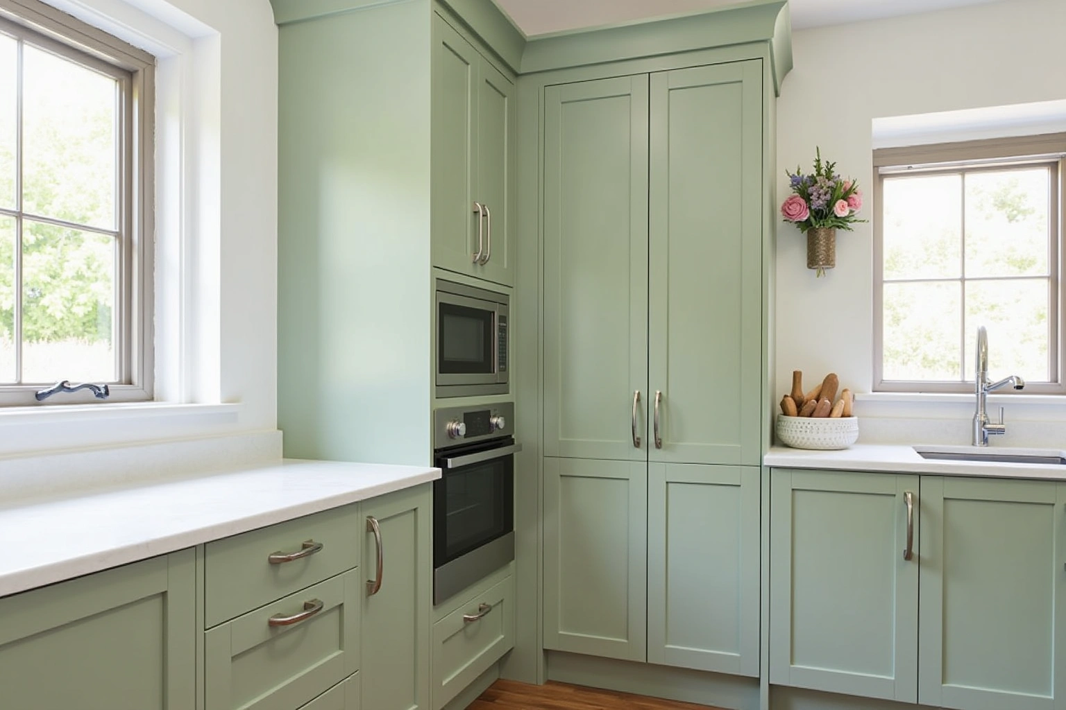 Sage green shaker cabinets with a tall pantry, stacked wall oven and microwave, nickel pulls and white quartz counters.