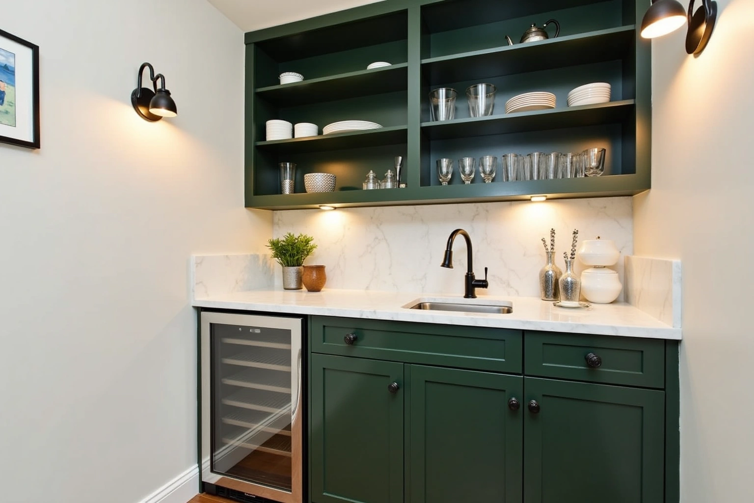 Dark green butler's pantry cabinets with open shelves of glassware, a marble counter, black faucet and glass-door beverage fridge.