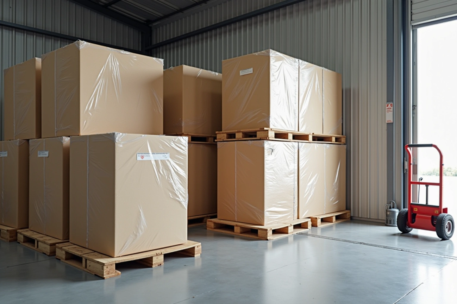 Shrink-wrapped cabinet cartons stacked on wooden pallets in a warehouse, with a red hand truck by the loading door.